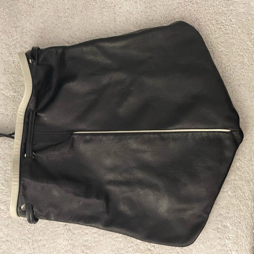 Vintage Black Leather Shoulder Bucket Drawstring Bag with White Trim Artsy 90s - Picture 5 of 9